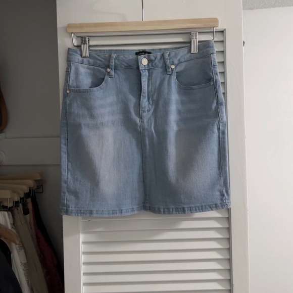 bebe Dresses & Skirts - Bebe Crystal Logo Denim Mini Skirt – Size 2B